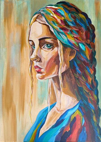 Quiet Strength - Modern Portrait in Vibrant Colors by Natalie Yurpal, Painting for Sale on Select
