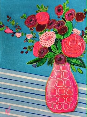 Blue Stripes & Pink Sparks by Karine Jeuffroy, Painting for Sale on Select