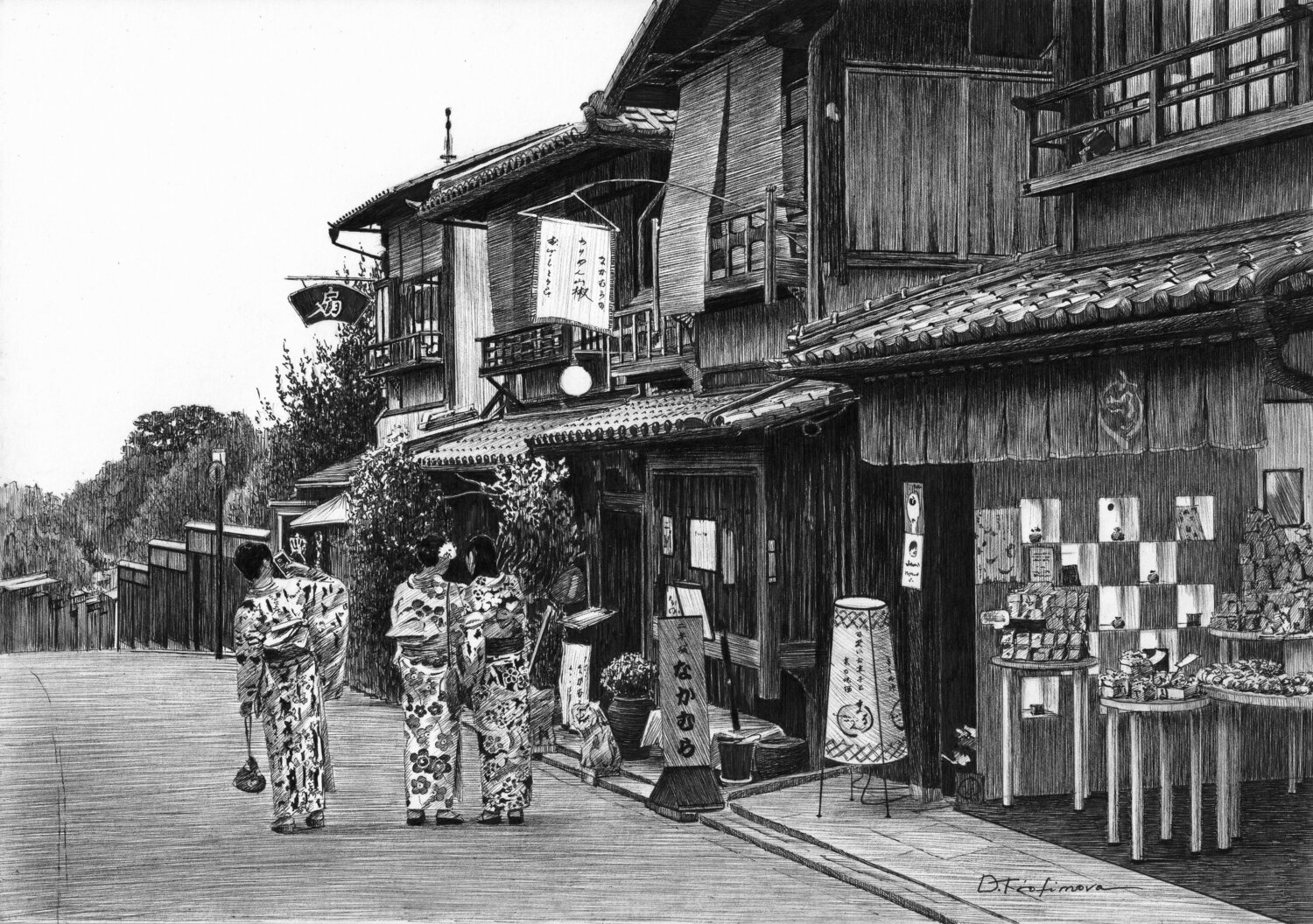 Sannenzaka Street Scene Oksana Trofimova Drawing for sale