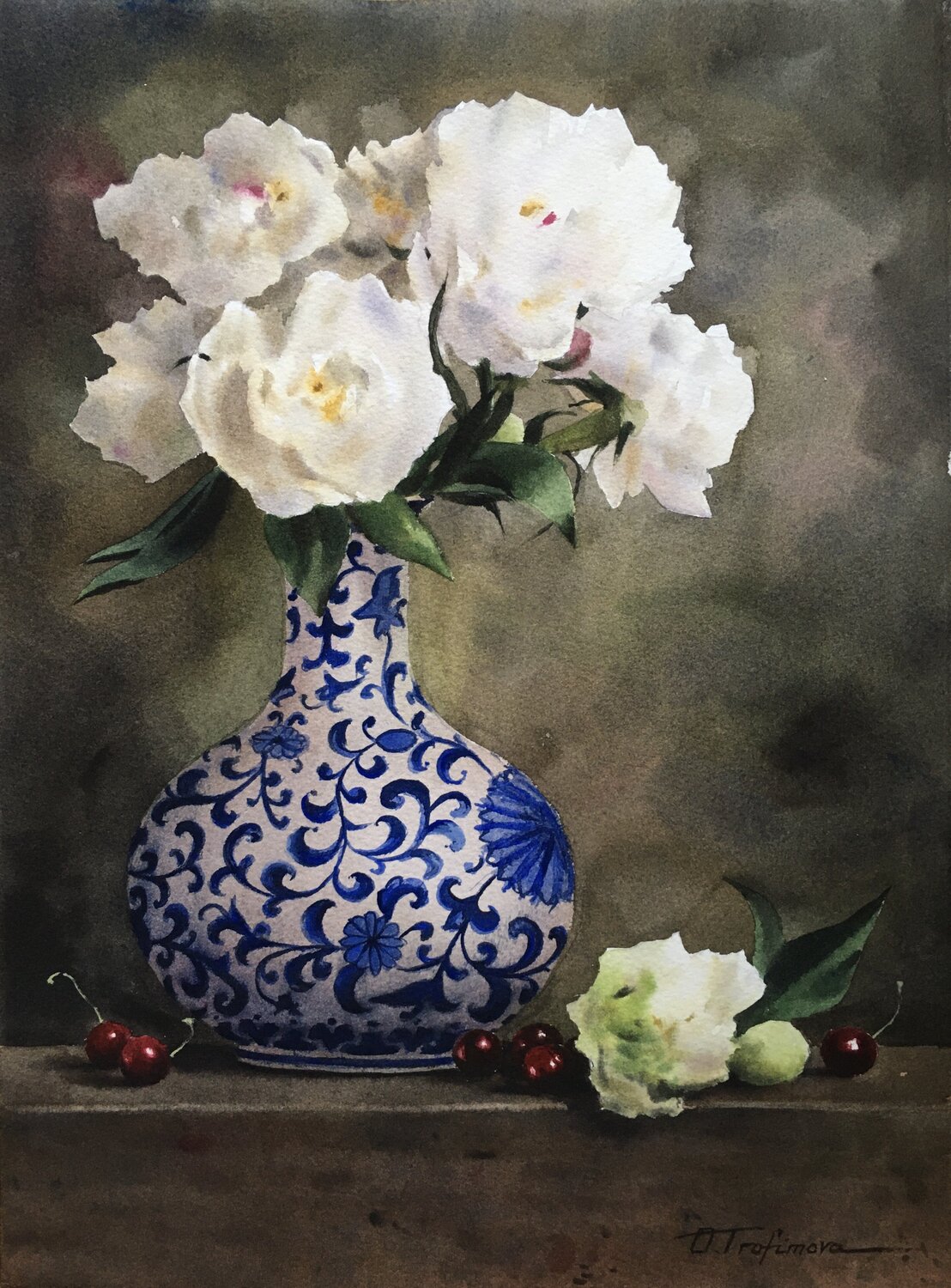 White Petals, Blue Patterns Oksana Trofimova Original painting for sale