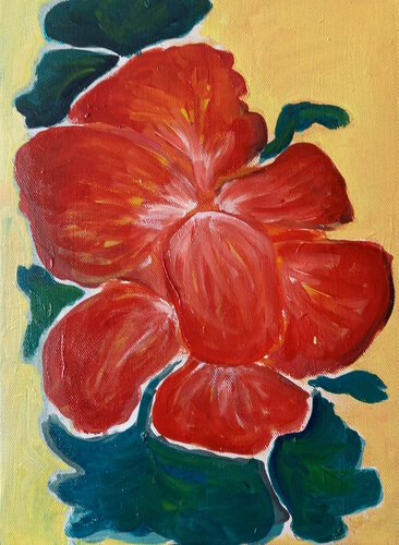 Fleur rouge sur fond jaune by Marie France De La Cochetiere, Painting for Sale on Select