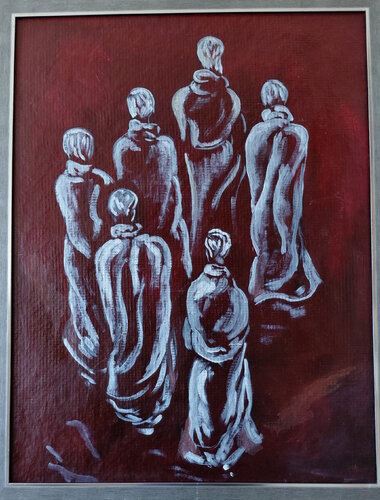 Groupe de moines en marche silencieuse by Marie France De La Cochetiere, Painting for Sale on Select