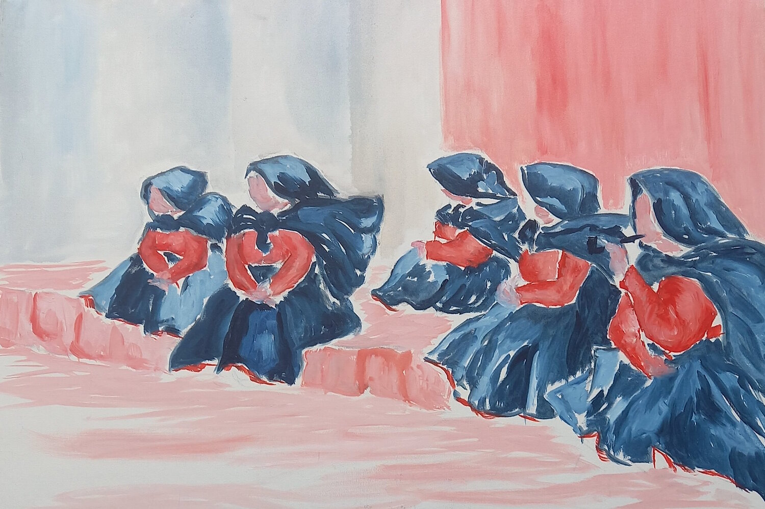 Femmes attendant le bus Marie France De La Cochetiere Original painting for sale
