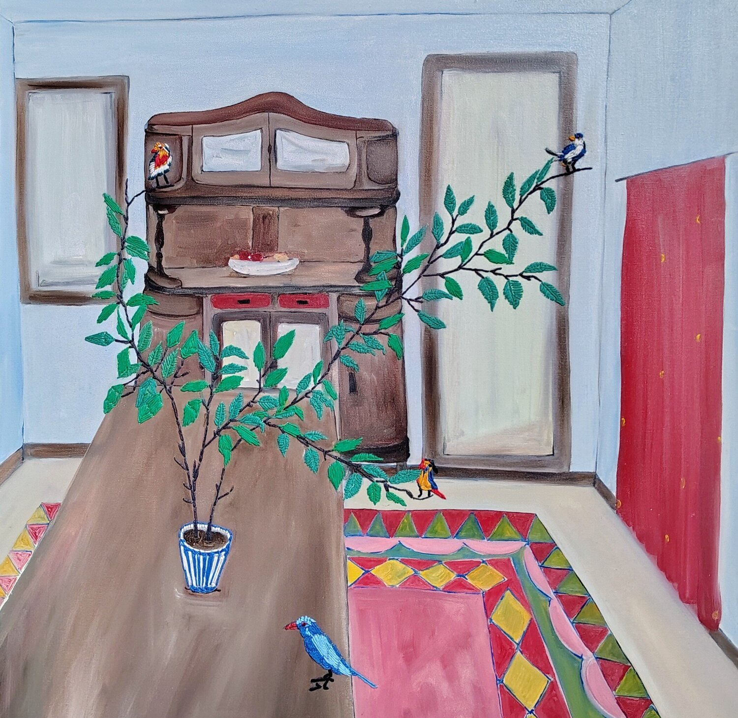 Four Birds in my Kitchen Chiara Silvano Original painting for sale