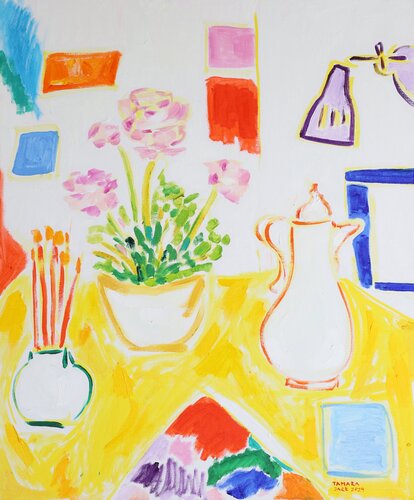 Studio Still Life with Pink Flowers and Brushes by Tamara Jare, Painting for Sale on Select