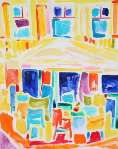 Street Bistro With Colorful Chairs by Tamara Jare, Painting for Sale on Select
