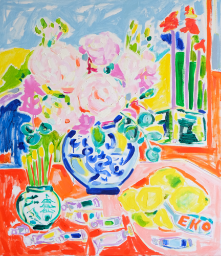 Still life with Flowers, Paint Tubes, Brushes and Lemons von Tamara Jare, Malerei kaufen auf Select