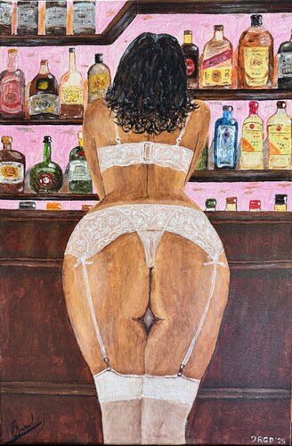 "Mujer en la barra entre etiquetas de bourbon" by Arturas Smalenskas, Painting for Sale on Select