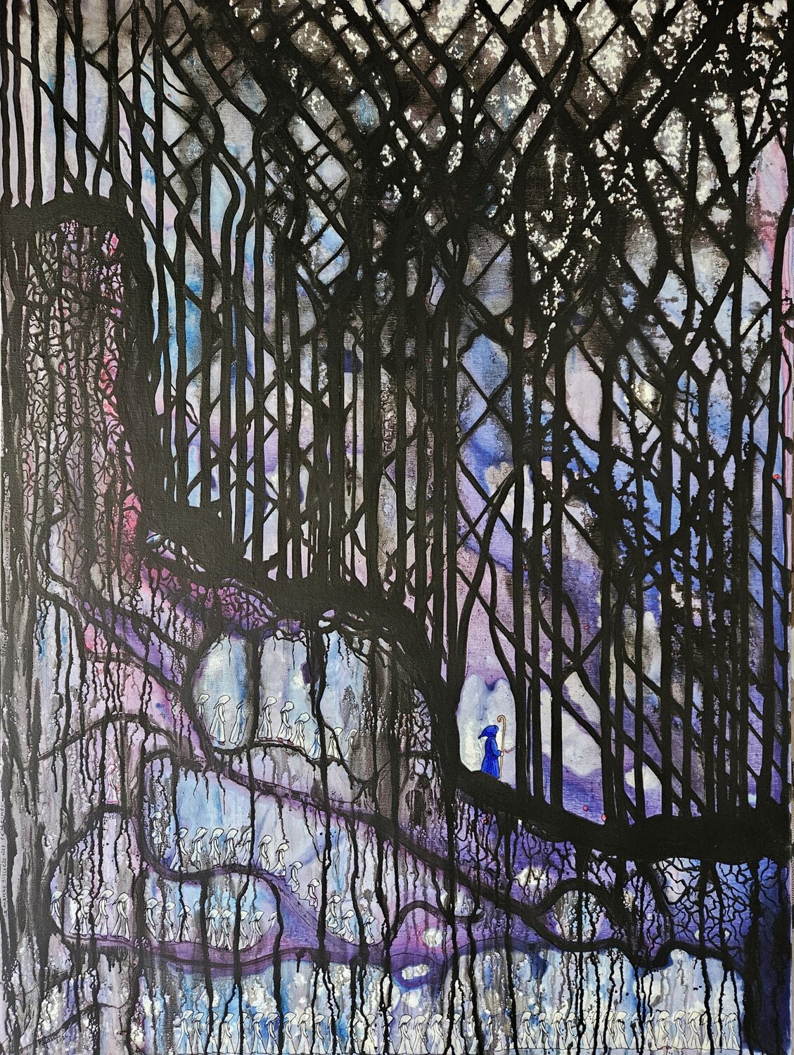 La marche discrète des 72 pèlerines blanches dans les souterrains des montagnes et forêts d'Auvergne Rafael de Tours - Bichon Original painting for sale