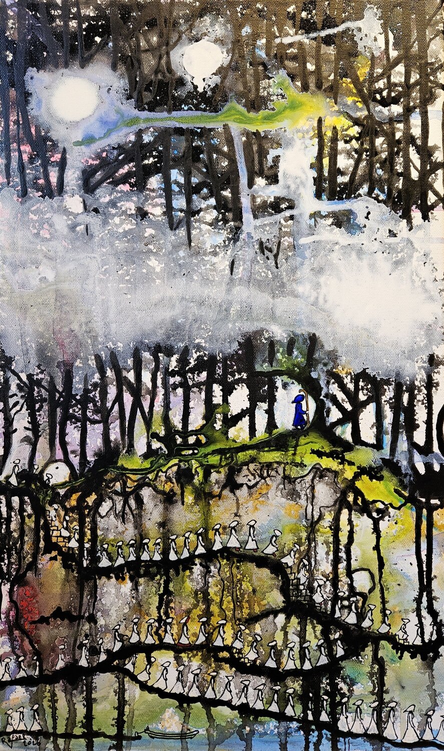 Les 72 pèlerines et orbes blancs en Centre Bretagne, épisode 1 Rafael de Tours - Bichon Original painting for sale