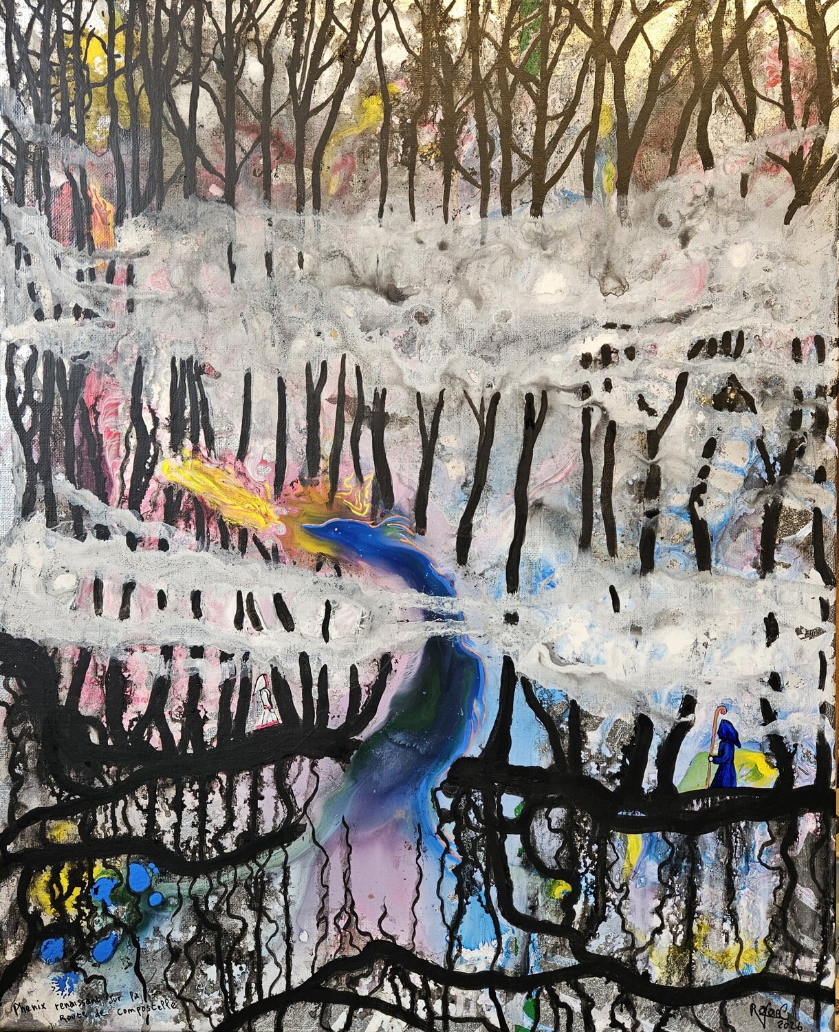 Phenix renaissant sur la route de Compostelle Rafael de Tours - Bichon Original painting for sale