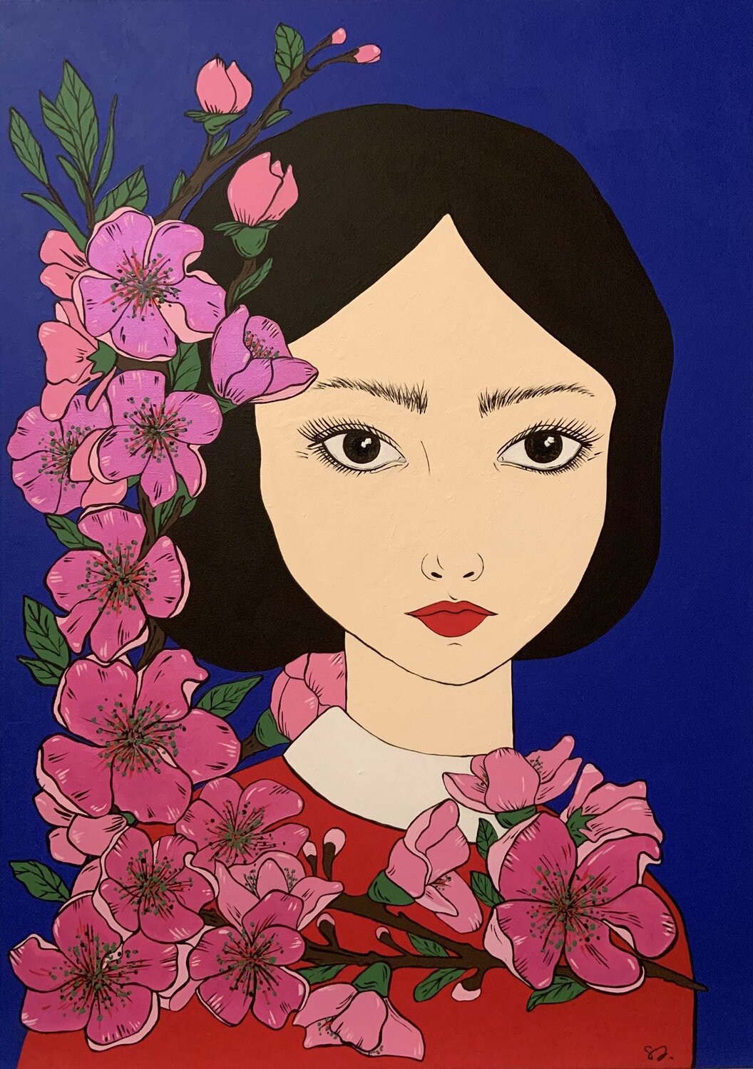 La Ragazza con i Fiori di Pesco-  Feminine Floral Portrait - Contemporary Art Samanta Dolcetto Original painting for sale