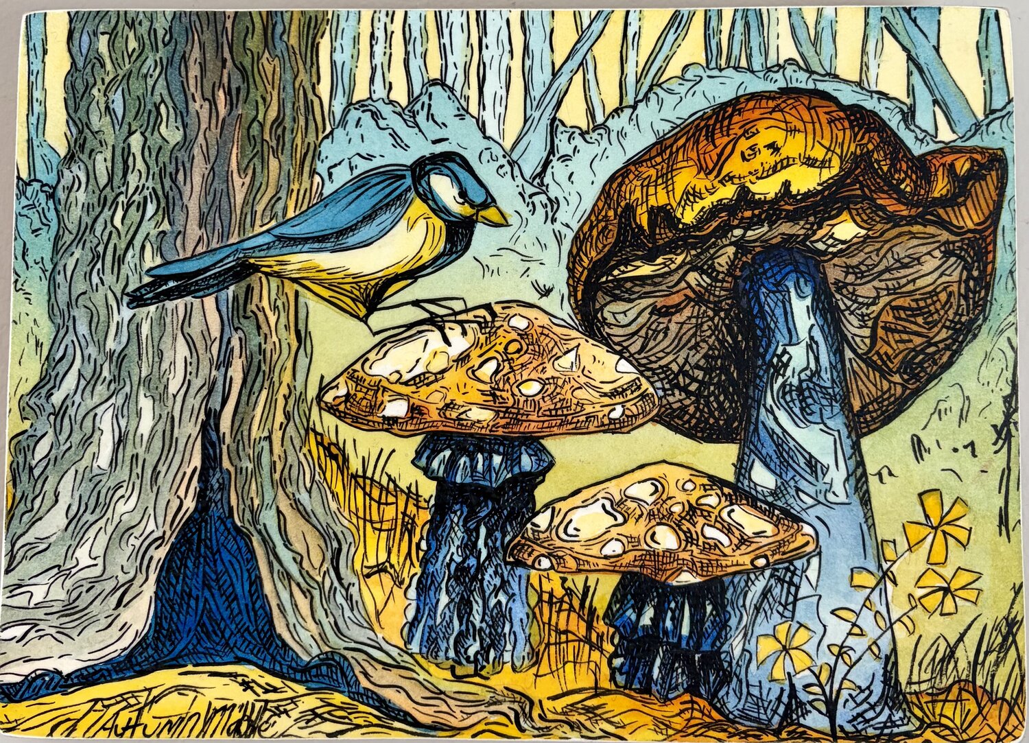 Little Blue Bird Autumn Marble Original painting for sale