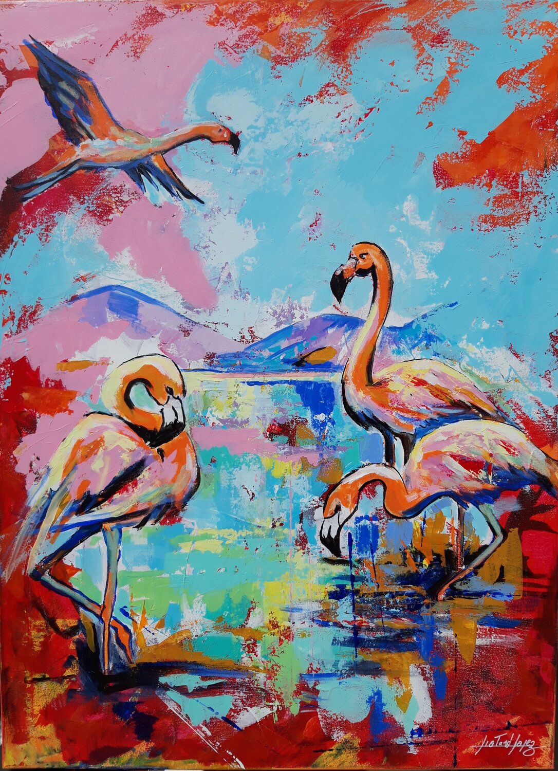 Flamants roses Patrick Liotard lopez Original painting for sale