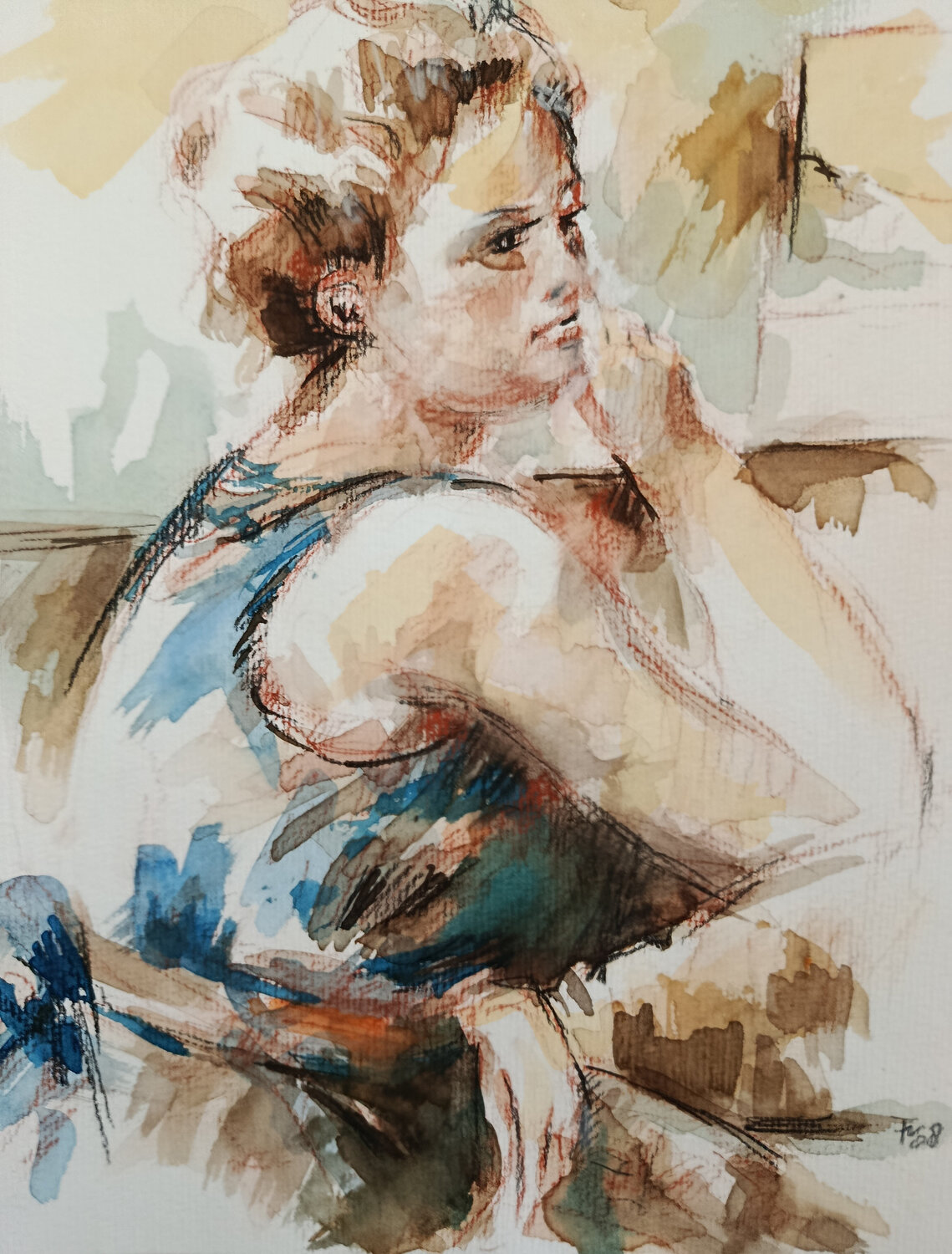 Nachdenkliche Frau am Sims Florian Weiss Original painting for sale