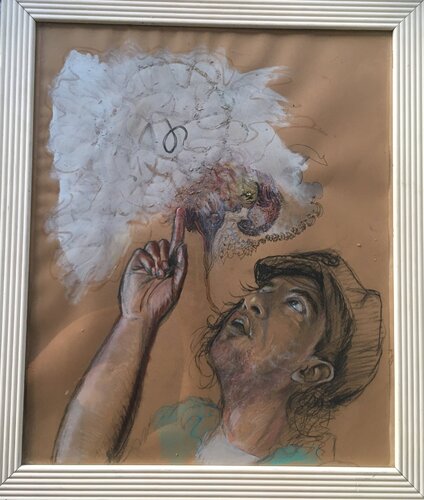 Autorretrato en carbonilla y pasteles secos con una nube de pensamientos semiabstractos by Nicolás Urquiza, Painting for Sale on Select