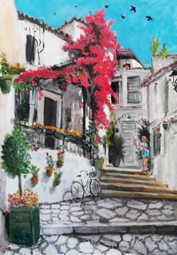 Rincón Andaluz: La Buganvilia y la Bicicleta by Nicolás Urquiza, Painting for Sale on Select