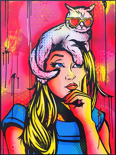 Cat On A Hot Blonde Head by Jamie Lee, Painting for Sale on Select