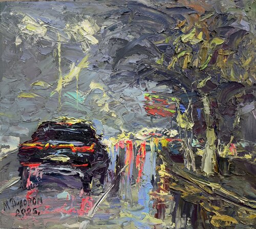 Movement Under the Rain: A Symphony of the Night City by Dilorom Mamedova, Painting for Sale on Select
