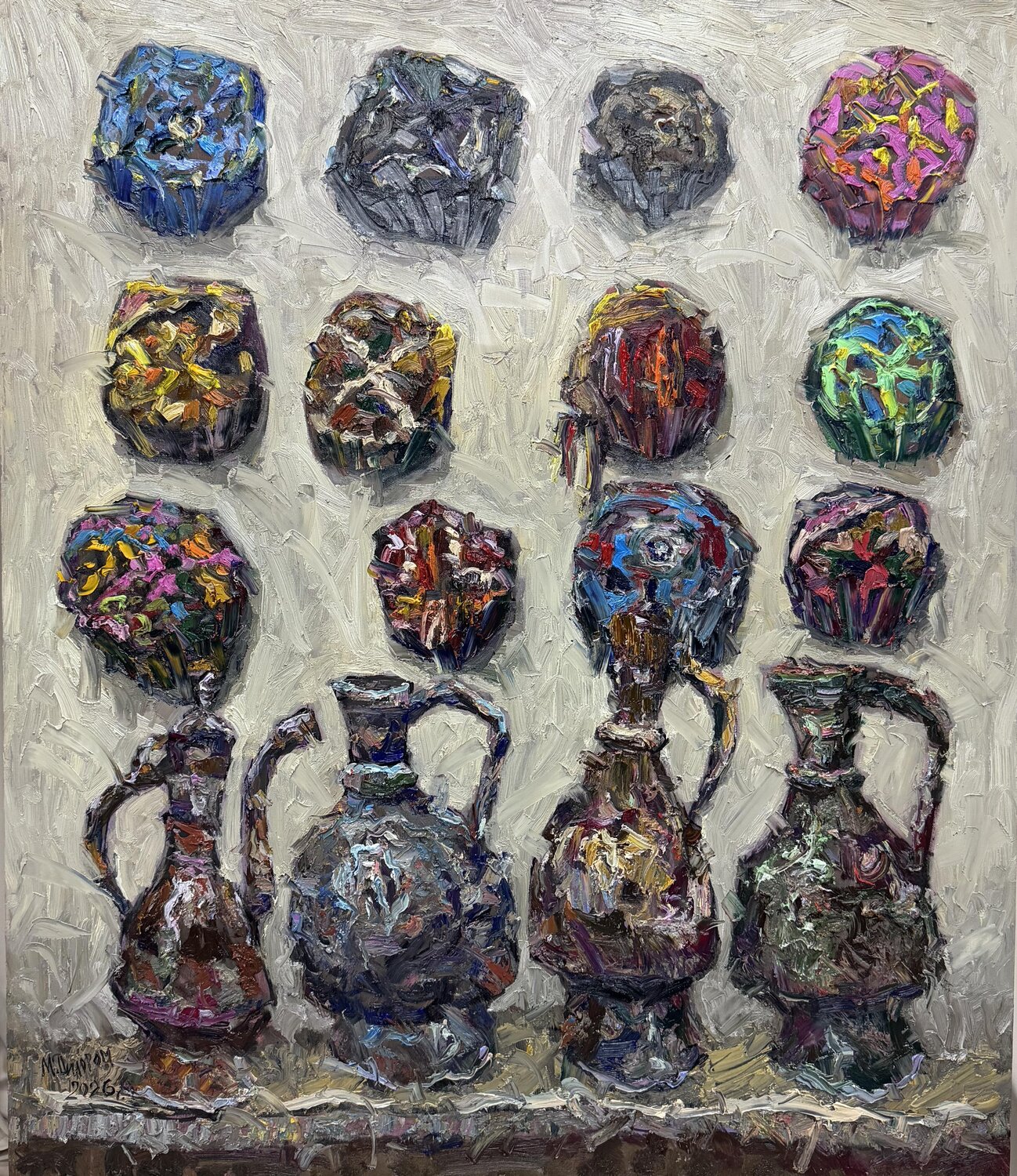 Guardians of Tradition: A Monolithic Heritage in 3D Impasto Dilorom Mamedova Original painting for sale