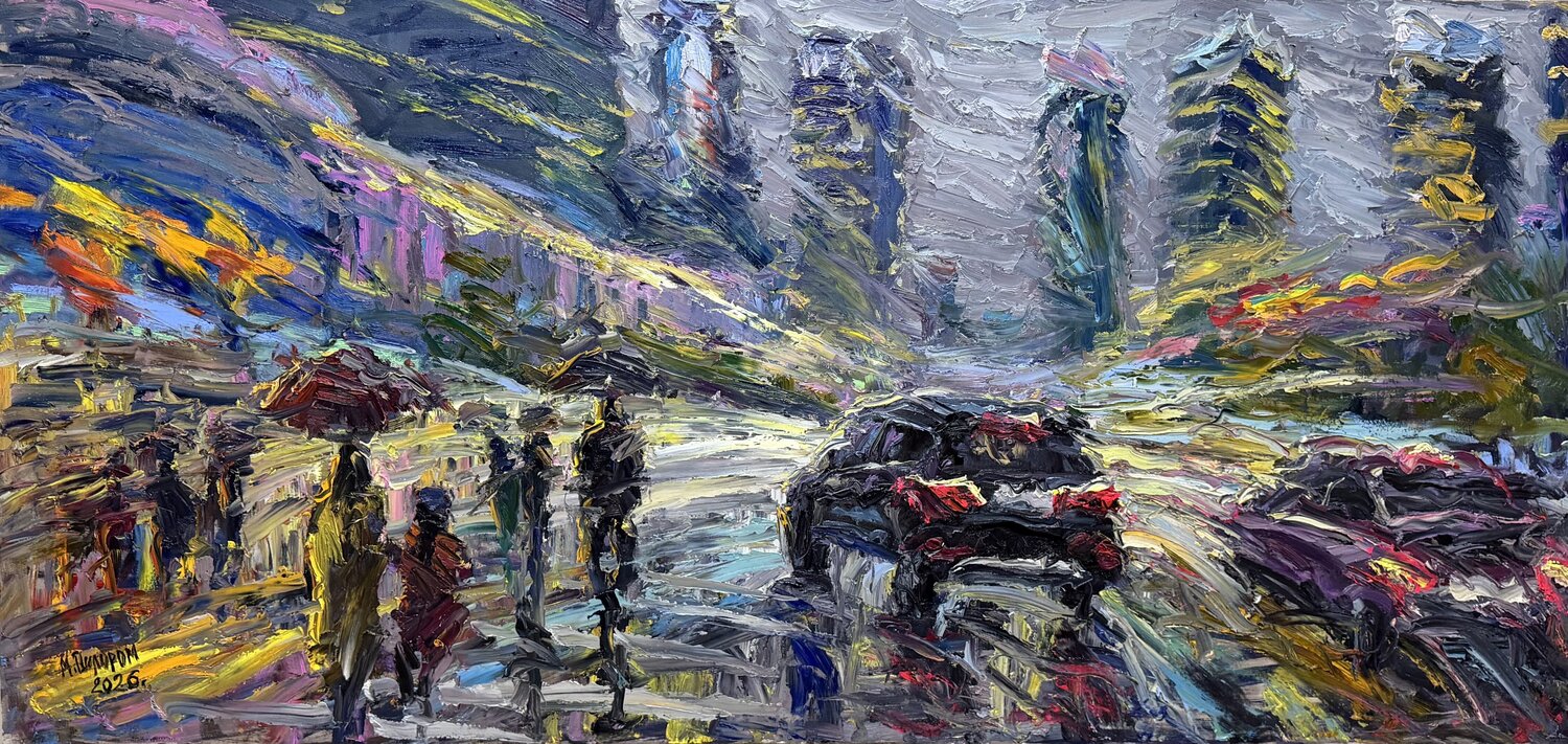 Neon Symphony: The Pulse of a Rainy Metropolis Dilorom Mamedova Original painting for sale