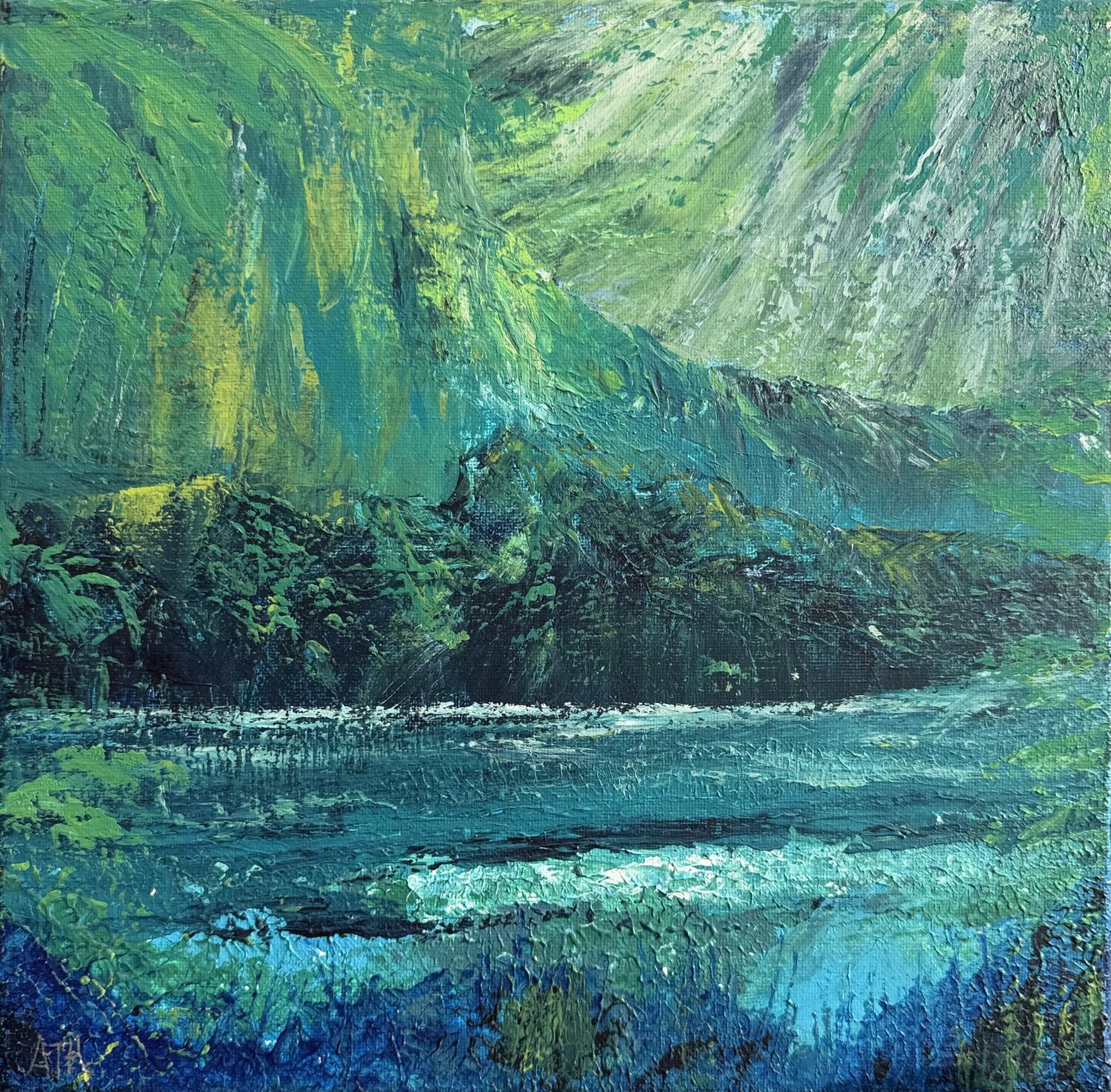 Wilderness no.3 - the turquoise mountain lake Anette Thorup Hansen Original painting for sale