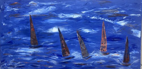Regatta - Orange Sails on Blue by Britta Kaping, Painting for Sale on Select