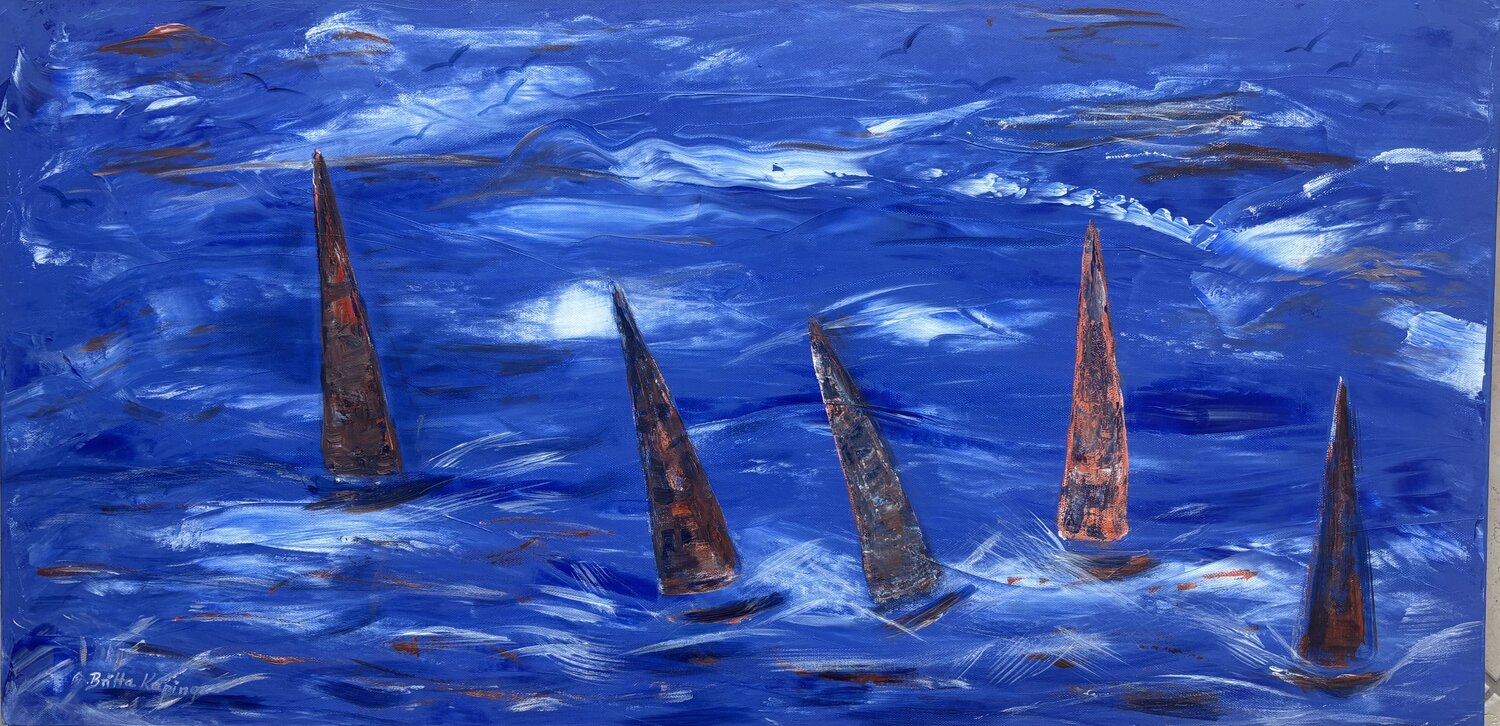 Regatta - Orange Sails on Blue Britta Kaping Original painting for sale