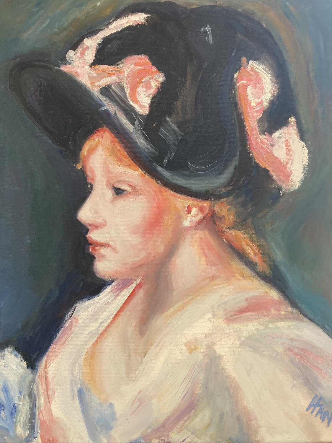 Inspired by Renoir - Jeune Fille au Chapeau Rose et Noir Heiner Handschin Original painting for sale