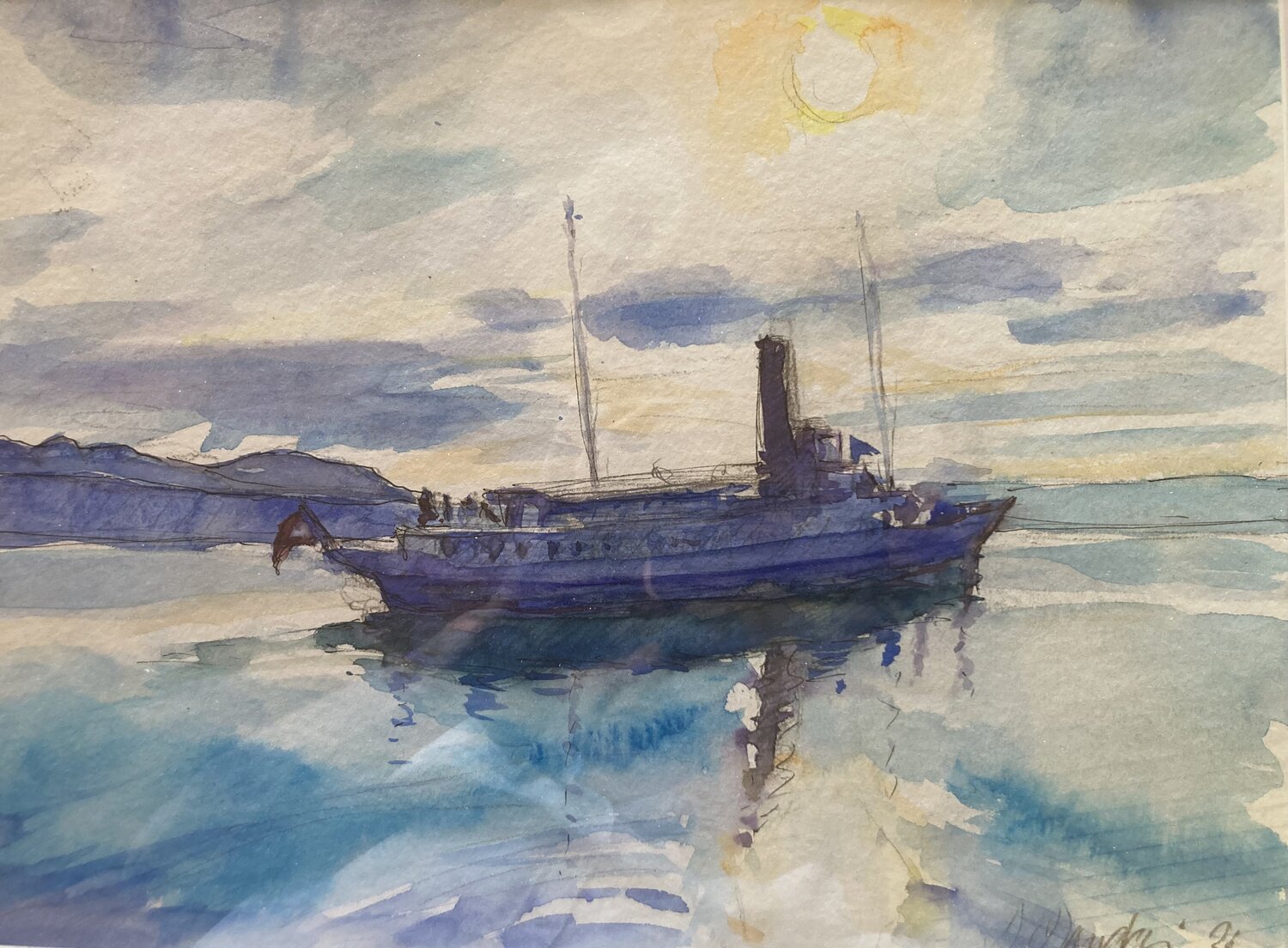 Ship of Belle Epoque "Italie" in the afternoon sun Heiner Handschin Original painting for sale