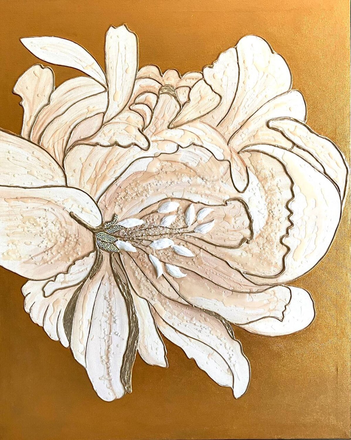 White Gold Peony LIUDMILA ABRAMOVA Original painting for sale