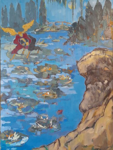 A Disturbance of the Peace in Monet's Water Garden by Lynn Bushell, Painting for Sale on Select