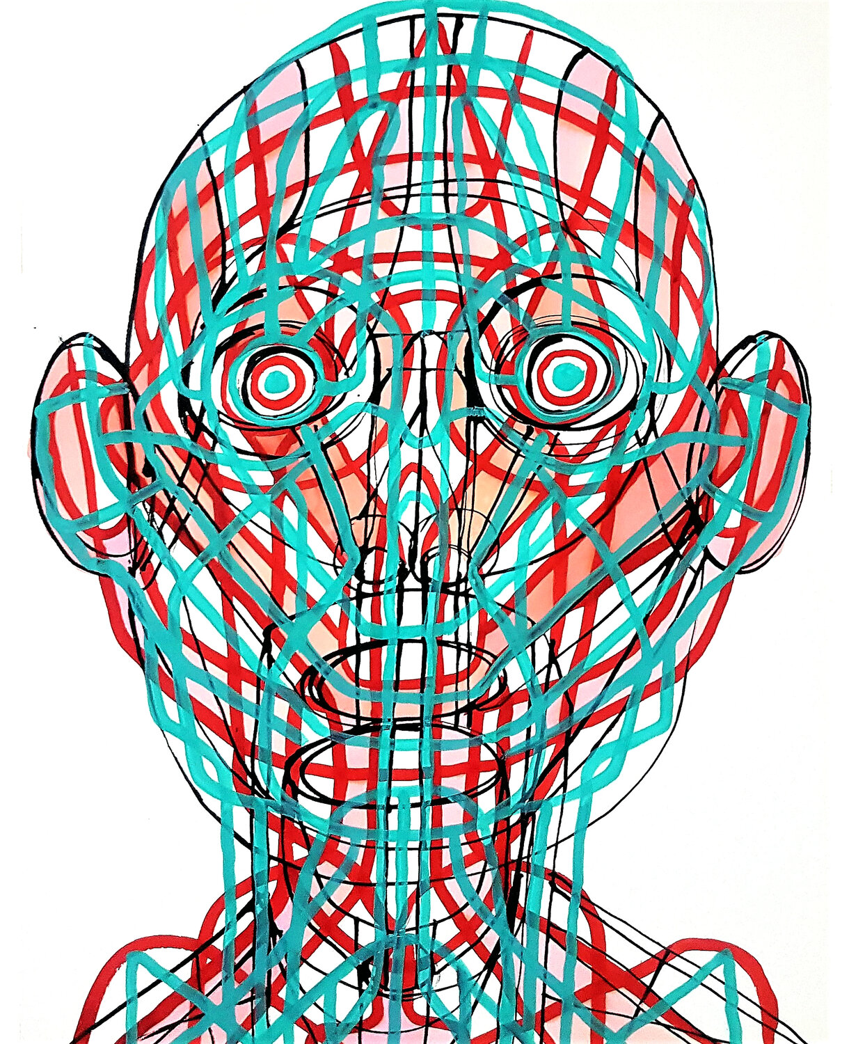The Grid of Consciousness - Abstract Geometric 3D Face Roi Pajursky Original painting for sale