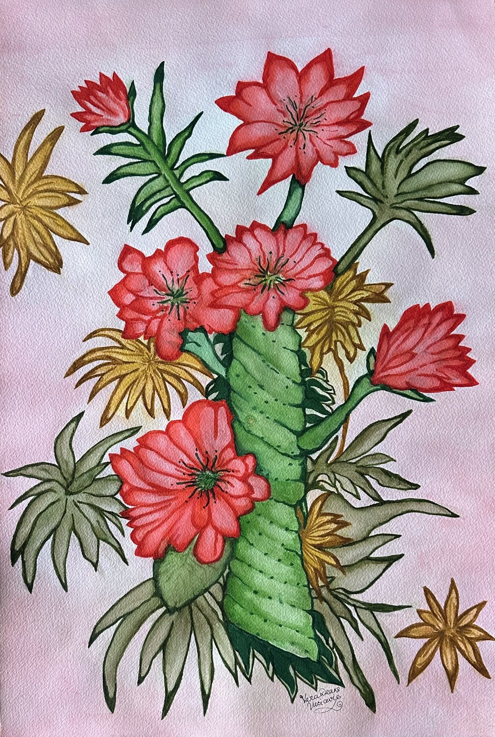 Flowering Spiral Cactus Vera Deans (Vucicevic) Original painting for sale