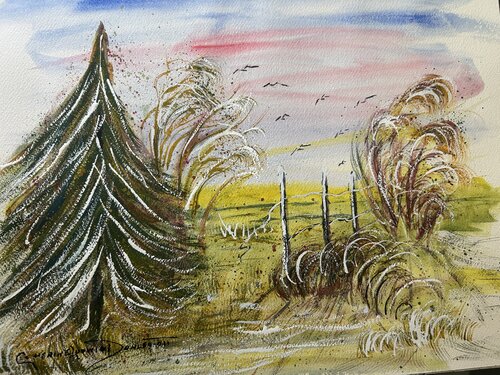 RUSTIC FENCE and LONE FIR by Catherine Ludwig Donleycott, Painting for Sale on Select