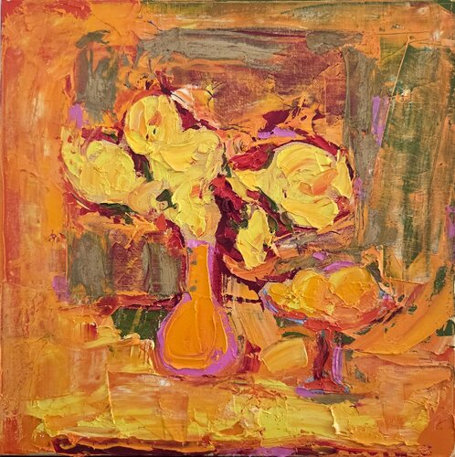 Still Life with Yellow Flowers and Oranges von Angelina Gafynets, Malerei kaufen auf Select