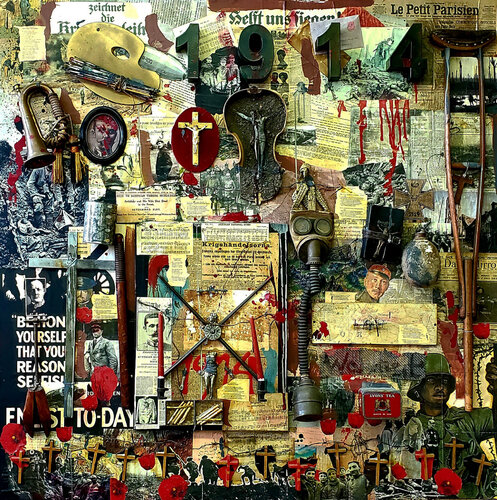 1914.   ALL 3  LARGE ARTWORKS FOR 30.000 EUROS TOGETHER.  Part 1 of 3.  All Quiet on the Western Front /  Im Westen nichts Neues a large collage with original WW1 objects on wood in a hand-built iron frame by Thomas Dellert, Painting for Sale on Select