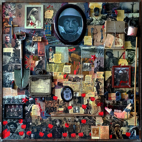 1915-1916-1917 .  ALL 3  LARGE ARTWORKS FOR 30.000 EUROS TOGETHER  nr 2 of 3    All Quiet on the Western Front  /  Im Westen nichts Neues.   a large collage on wood with Original WW1 object in an iron frame by Thomas Dellert, Painting for Sale on Select