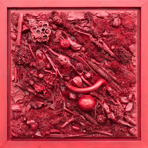 Crimson Nature – 3D Abstract Artwork with Natural Elements | 47×47 cm by Ala Botnarescu, Painting for Sale on Select