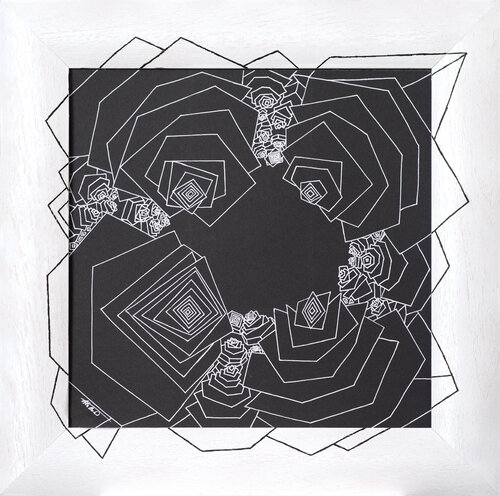 Original Geometric Black and White Drawing – Optical Minimalist Wall Art, Handmade Abstract Line Artwork (40×40 cm) by Ala Botnarescu, Drawing for Sale on Select