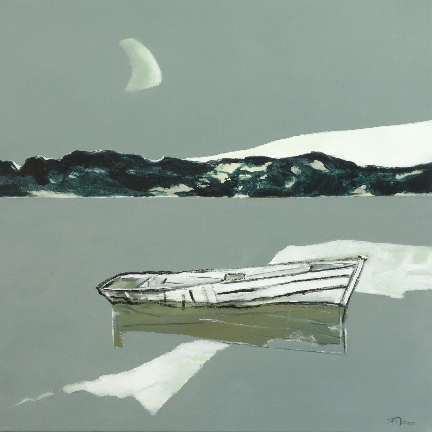 Mond über dem Fluss Jürgen Büse Filzen Original painting for sale
