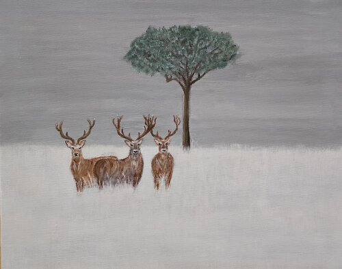 Stags in the Moment of Tranquility by Surjit Bhandal, Painting for Sale on Select