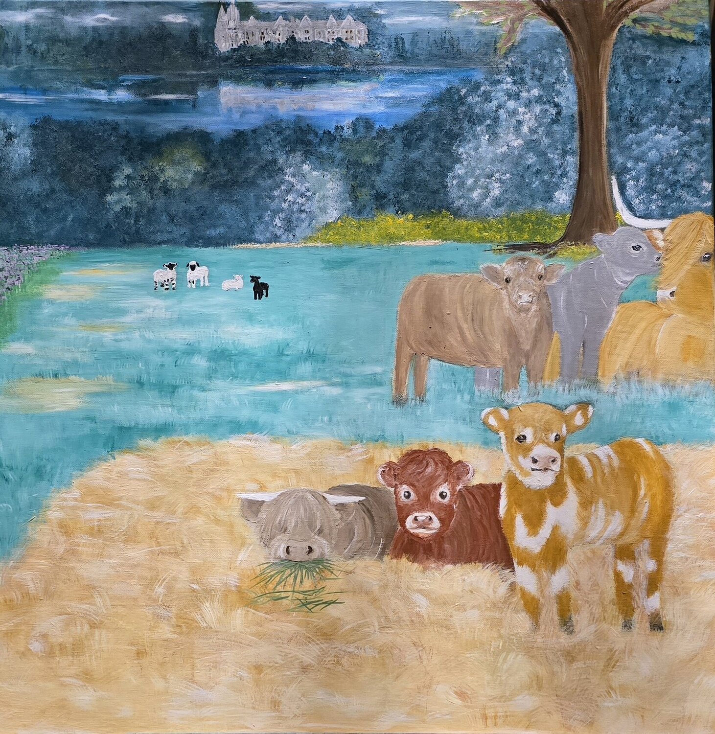 Ardverike Estate with Highland Cows and Cute Lambs Surjit Bhandal Original painting for sale