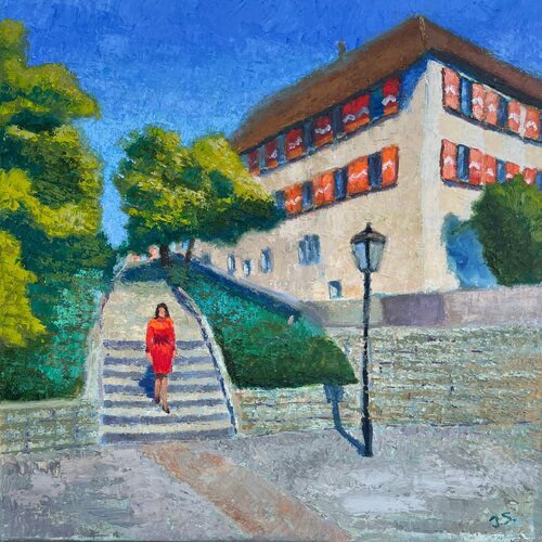 Dressed up - figurative cityscape oil painting by Julia Strittmatter, Painting for Sale on Select