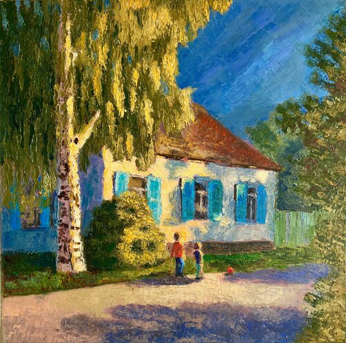 The Game. Landscape painting with children. von Julia Strittmatter, Malerei kaufen auf Select