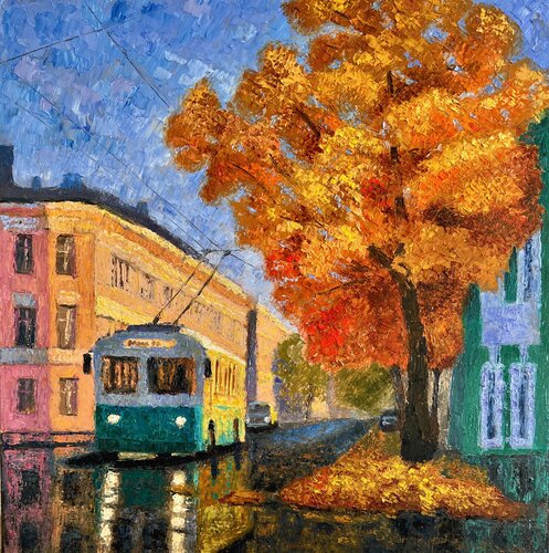 Autumnal commute. Original oil cityscape painting. von Julia Strittmatter, Malerei kaufen auf Select