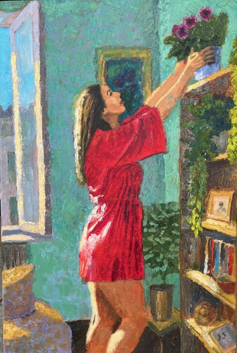 New wonderful plant: original oil painting about woman and flowers von Julia Strittmatter, Malerei kaufen auf Select