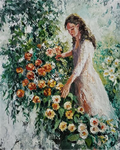 Tending the Roses by Jarmila Dluhos, Painting for Sale on Select