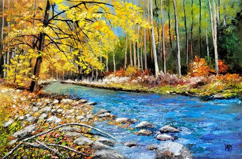The River in Autumn by Jarmila Dluhos, Painting for Sale on Select