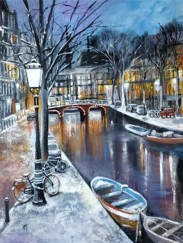Winter Night, Amsterdam by Jarmila Dluhos, Painting for Sale on Select